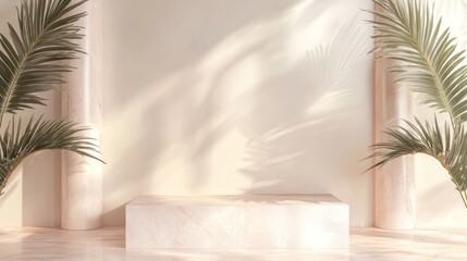 Empty Display Platform, Sunlight, Palm Trees, Beige Interior