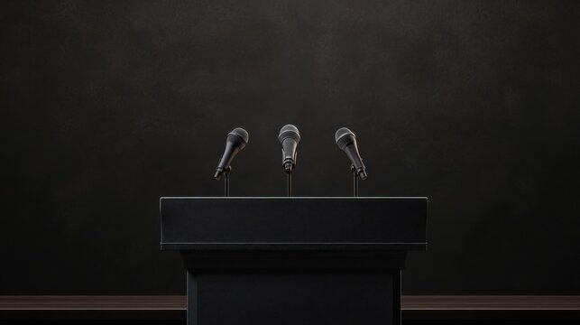 Podium with Microphones Against Dark Background. Web banner with ample space on the right for custom text or branding.