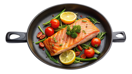 Delicious Smoked Salmon Fillet with Lemon Slices and Cherry Tomatoes in a Black Pan