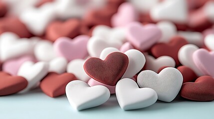 Obraz premium A pile of heart shaped candy in white, pink, and red on a pale blue surface, out-of-focus background