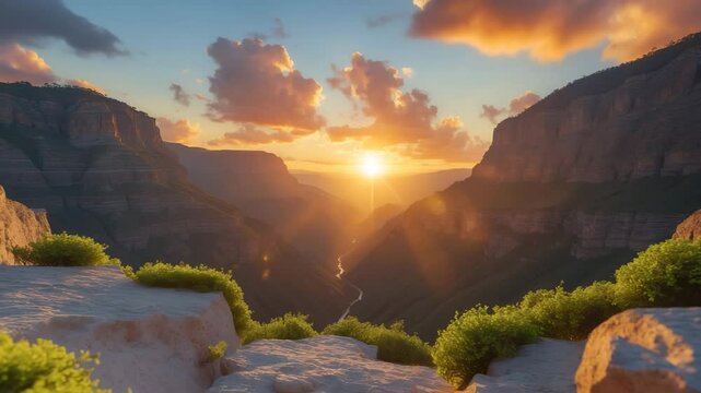 beautiful scenic sunset landscape of a canyon between two mountains with green bush rocks on foreground and amazing valley with bright cloudy sky on background_g_1_1_1.png