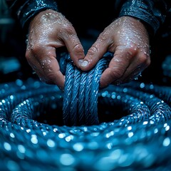 Close-up of worker hands installing industrial cable in a technical environment. Concept of hard work, labor, energy infrastructure, and technology