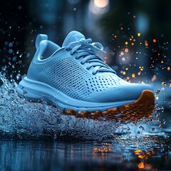 Blue athletic running shoe splashing through water in motion. Dynamic sports footwear concept perfect for advertising, branding, and fitness promotions