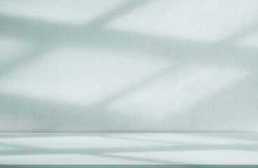 Obraz premium Light Green Background,Light and Shadow on Wall Texture,Studio background with podium for spring product,Summer backdrop light blue concrete wall with shadow from window reflection on cement floor