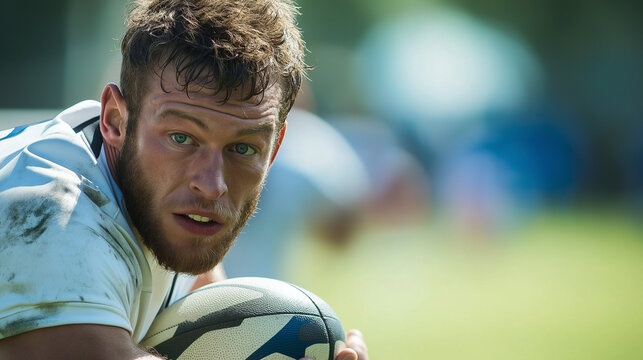 Rugby player focused with ball on grassy field
