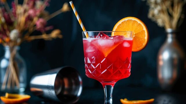 a red cocktail glass decorated with orange, vase with plants in the scene, on a background_g_1_4_1.png