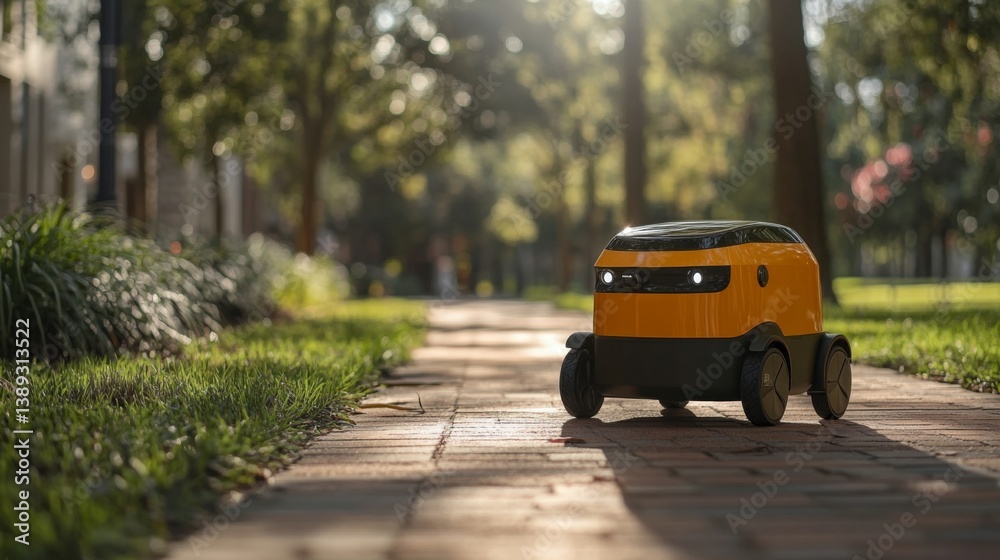 Poster a small robotic delivery vehicle navigates along a well paved walkway surrounded by trees in an urba