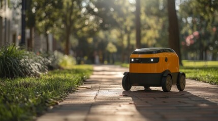 A small robotic delivery vehicle navigates along a well paved walkway surrounded by trees in an urban area, highlighting advancements in logistics and last mile delivery automation technology.