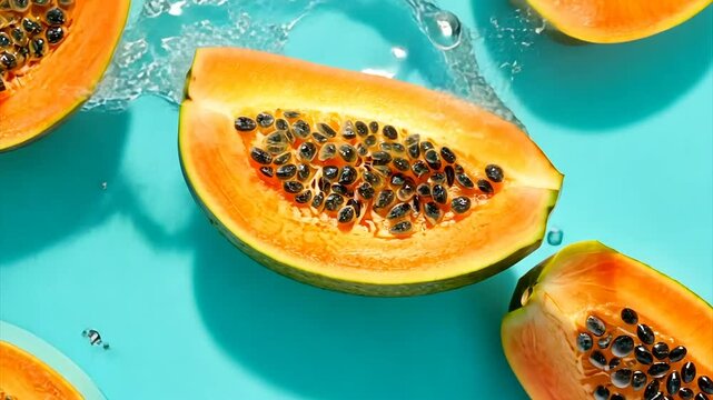 Ripe papaya slices splashed with water on a teal background