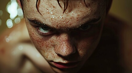 Fototapeta premium Intense Close-up Portrait of a Young Man with Freckles and Determined Expression