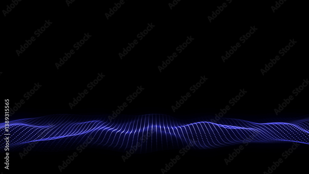 Poster Abstract wave with blue light on black background. Science background with moving dots. Network connection technology. Digital structure with particles. 3d rendering.