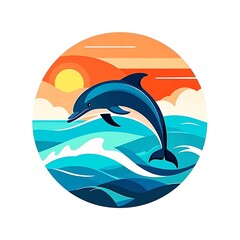 Obraz premium Illustration of a Dolphin Jumping in the Ocean at Sunset 