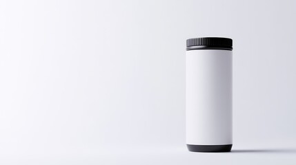 A tall, cylindrical container with a white label and black lid is shown. It sits alone against a plain white background. The image is clean and simple, with even lighting and high resolution. The sty