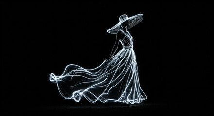 A white, glowing light art piece depicting an elegant woman in a flowing gown and hat, creating dynamic lines with a trail effect on a black background.