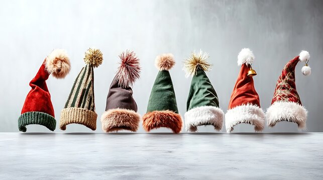Array of festive hats with fluffy pom-poms and warm, cozy texture