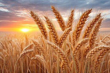 Fototapeta premium A majestic field of golden wheat swaying under a dramatic sunset sky