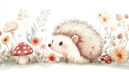 Cute hedgehog in a floral meadow. Possible use children's book illustration