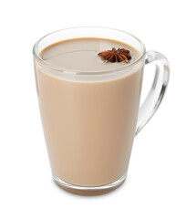 Aromatic Masala tea with anise star in glass cup isolated on white