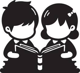 silhouette design of two kids reading book vector art illustration