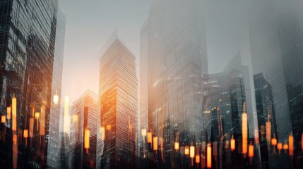 Obraz premium Abstract Double Exposure Financial Graph with City Skyline Background