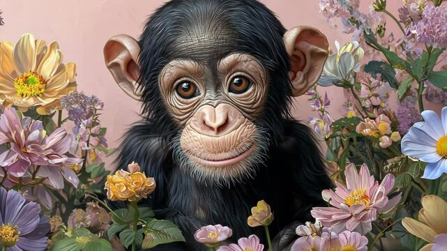 A baby chimpanzee surrounded by flowers