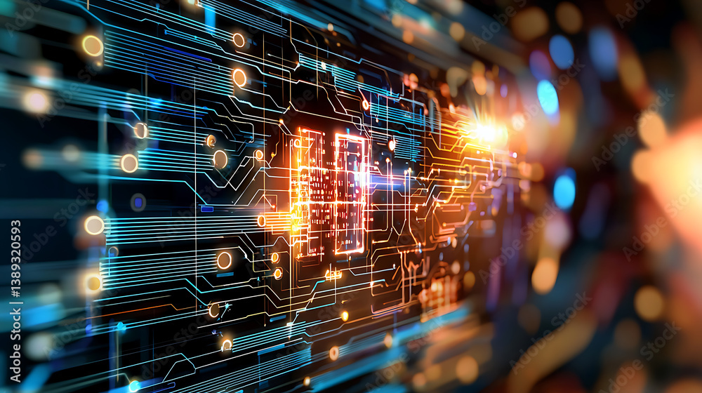 Poster exploring digital innovations in technology circuitry and data flow virtual environment close-up con