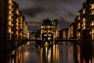 Illuminated Cityscape of Hamburg at Night