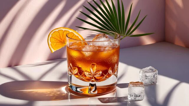 Negroni cocktail over background. Cocktail in rox glass in daylight with palm leaf hard shadow. Fresh cocktail concept._g_1_2_1.png