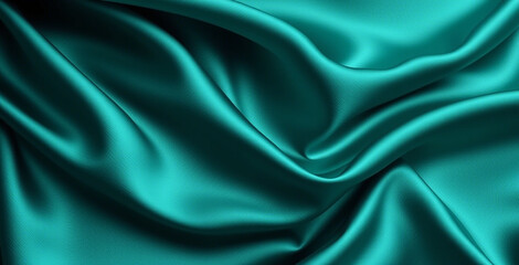 Dark teal green silk satin. Shiny smooth fabric. Soft folds. Luxury background with space for design.