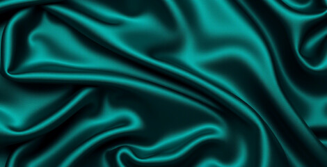 Dark teal green silk satin. Shiny smooth fabric. Soft folds. Luxury background with space for design.