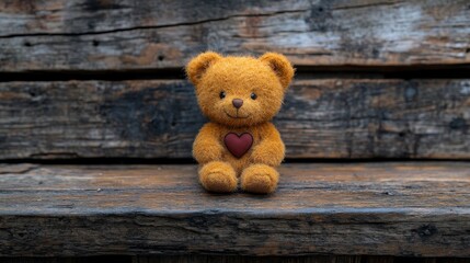 Obraz premium Teddy bear sits on weathered wooden boards, heart symbol on tummy. Soft light