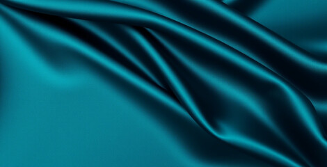 Dark teal green silk satin. Shiny smooth fabric. Soft folds. Luxury background with space for design.