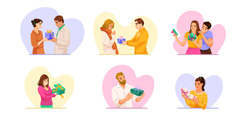 Set of illustrations showing people giving and receiving gifts in different cheerful moments, with heart-shaped backgrounds. Concept of celebration and happiness. Vector illustration