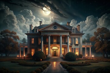 Historic Southern Mansion at Night, Illuminated Facade, Dark Sky, Dramatic Lighting