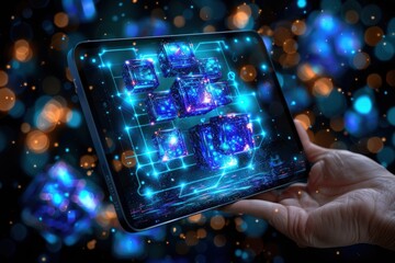 Futuristic technology displayed on a glowing tablet in a hand.