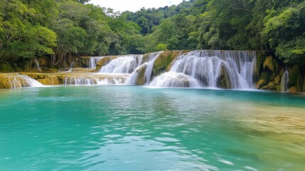 Fototapeta premium A beautiful natural waterfall cascades into a vibrant turquoise pool