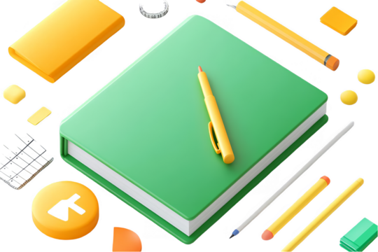 3D Isometric Illustration of Green Notebook And Yellow Office Stationery Elements - Powered by Adobe