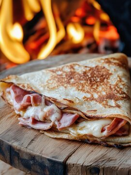 Close-up of a quesadilla on a wooden cutting board. the quesada is golden brown and appears to be freshly made.