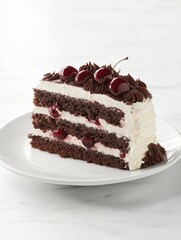 The image is of a slice of cake on a white plate. the cake is a dark chocolate cake with a layer of white frosting on top.