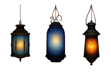 3D Render of Three Illuminated Lanterns in Gold Blue and Orange Colors
