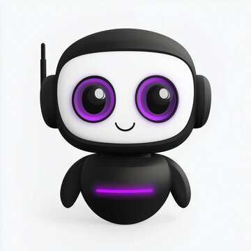 Un petit robot noir et blanc aux grands yeux violets et au design &eacute;pur&eacute;, incarnant une intelligence artificielle amicale et moderne. Mini assistant IA futuriste. 