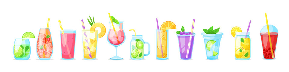 Set of summer cocktails and fruit drinks in different glasses with garnishes on a white background. Refreshing beverage concept. Vector illustration