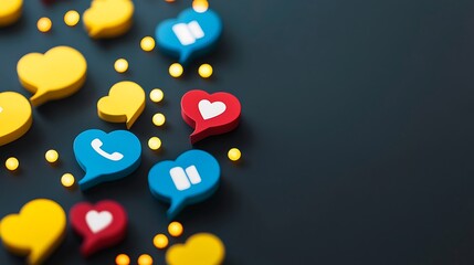 Collection of social media icons like hearts, thumbs, and speech bubbles on a dark background