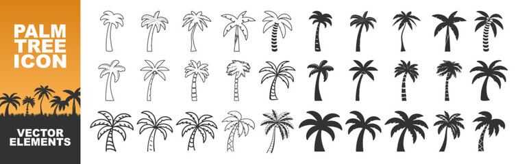 Black palm trees set isolated on transparent  background. Palm tree summer logo, coconut tree icon. Palm tree silhouette icon. © Pavlo