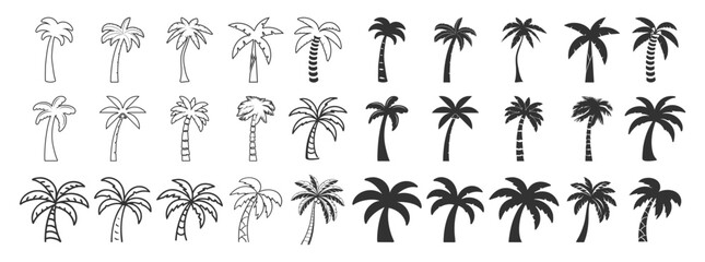 Palm tree summer logo, coconut tree icon. Palm tree silhouette icon. Miami beach tropic coconut tree. Summer hawaii palm tree icon set.