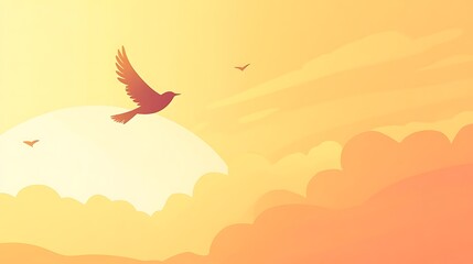 Bird silhouette flying in sunset sky.