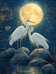 Egrets Under the Moon By Generated AI