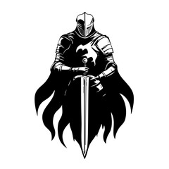 Medieval Knight Logo with Sword and Shield – Black and White Warrior Illustration