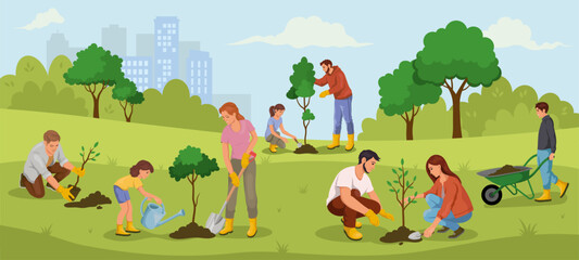 Group of volunteers planting trees in a green park with a cityscape in the background. Concept of environmental conservation. Vector illustration
