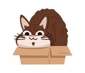 Cute pleased brown cat sitting inside of small cardboard box flat vector illustration isolated on white.